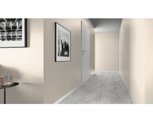 Chodba s dveřmi, barvou na stěně a obrazy na zdi