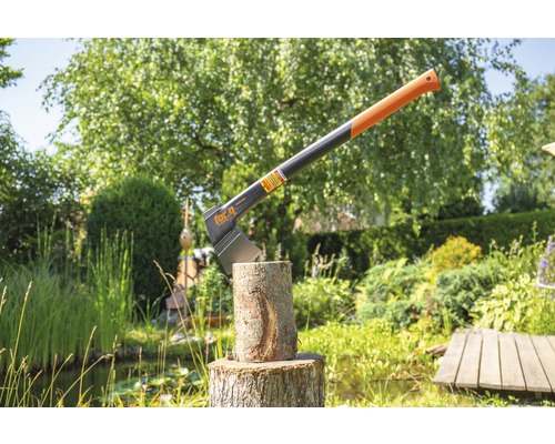 Štípací sekera v kmeni stromu na zahradě