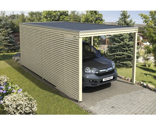 Dřevěný přístřešek pro auto s boční zástěnou a autem