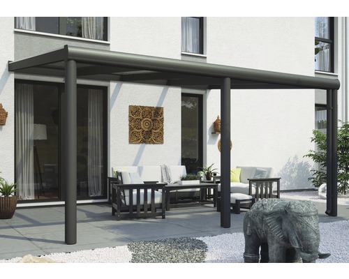 Zastřešení terasy SKAN HOLZ Garda 434 x 357 cm, antracitový hliník s povrchovou úpravou Terasa s terasovým zastřešením a venkovním nábytkem
