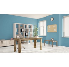 Moderní kancelář se stolem, regálem a kancelářskými potřebami pro organizované pracovní prostředí.