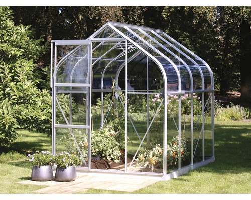 Skleník s rostlinami na zahradě.