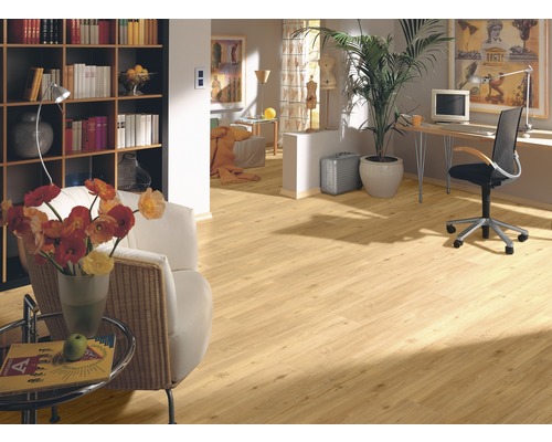 Světlý obývací pokoj s laminátovou podlahou, knihovnou a psacím stolem