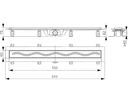 Technický nákres sprchového žlabu s rozměry