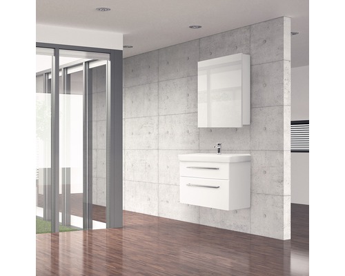 Koupelna s umyvadlovou skříňkou, zrcadlovou skříňkou a betonovou stěnou