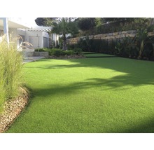 Zelený umělý trávník na zahradě s rostlinami