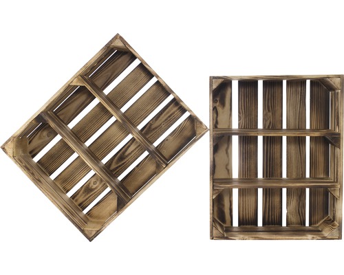 Dvě dřevěné bedny s policemi pro skladování a dekoraci