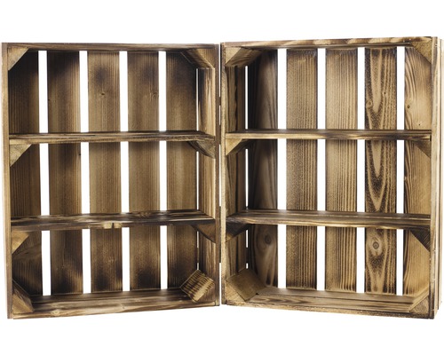 Dvě otevřené dřevěné bedny, každá se dvěma přihrádkami