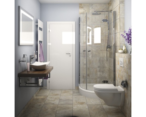 Světlá koupelna se sprchou, umyvadlem a toaletou.