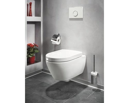 Závěsná toaleta v koupelně s držákem toaletního papíru, splachovacím tlačítkem a WC štětkou