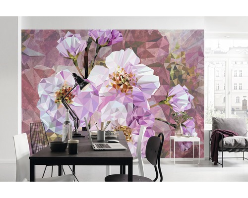 Obývací pokoj s fototapetou s květinovým trojúhelníkovým vzorem