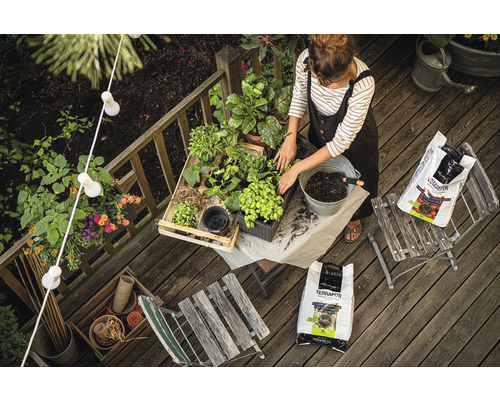 Žena přesazuje rostliny na dřevěné terase s půdou, obklopená zahradním nářadím a dekoracemi