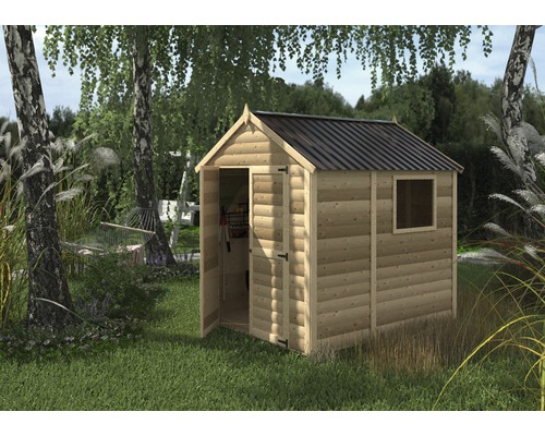 Dřevěný zahradní domek s oknem a otevřenými dveřmi na zahradě