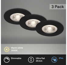 Sada tří černých, stmívatelných LED vestavných svítidel s krytím IP44 a teplým bílým světlem 3000K.