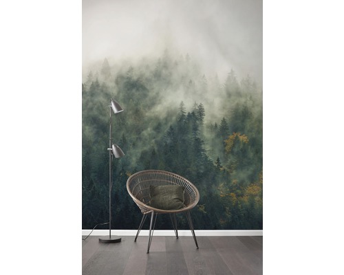 Scéna s vliesovou tapetou zobrazující mlhavý les, židli a stojací lampu