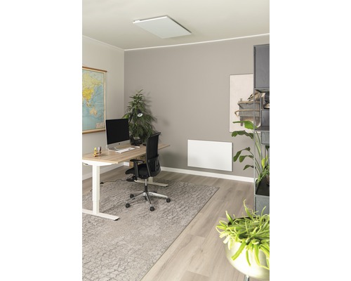 Kancelářský prostor se stropním a stěnovým topením, psací stůl, kancelářská židle a pokojové rostliny