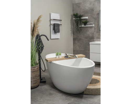 Koupelna s volně stojící vanou, ohřívačem ručníků a dekoracemi