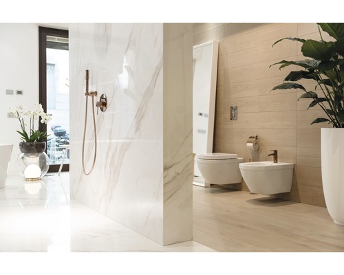 Světlá koupelna se sprchou, toaletou a bidetem