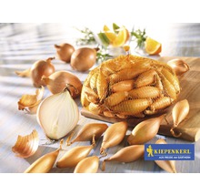 Šalotka v síti a volné cibule na dřevěném stole