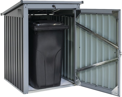 Kovová skříň na popelnice s otevřenými dveřmi a popelnicí