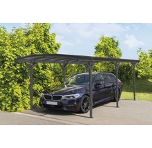 Auto pod šedým carportem před stromy