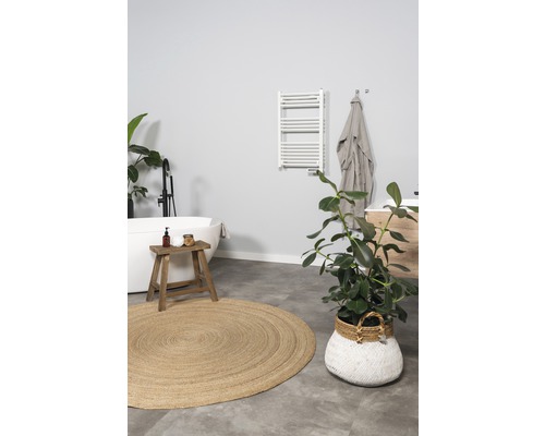 Koupelna s vanou, radiátorem na ručníky, kulatým kobercem a pokojovými rostlinami