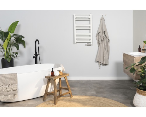 Moderní koupelna s vanou, umyvadlem, topným žebříkem a dekoracemi.