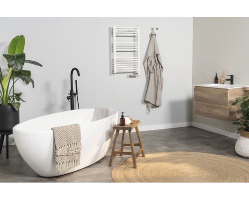 Světlá koupelna s vanou, umyvadlem, topným žebříkem a dekoracemi pro přátelskou atmosféru.