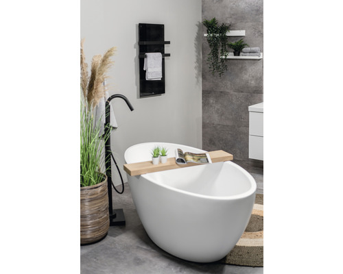 Koupelna s volně stojící vanou, ohřívačem ručníků a dekorací