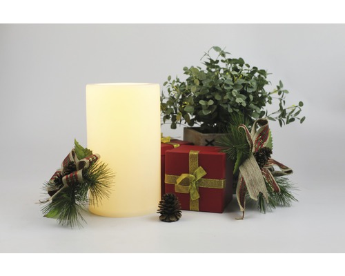 Dekorativní scéna se svíčkou, dárkem a rostlinou