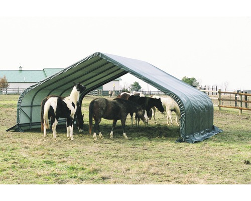 Přístřešek pro koně s několika koňmi na louce