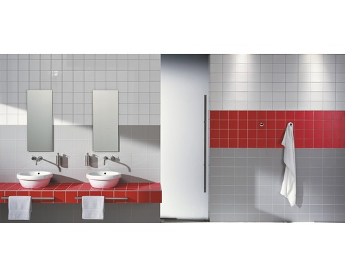 Koupelna se dvěma umyvadly, zrcadly a obklady