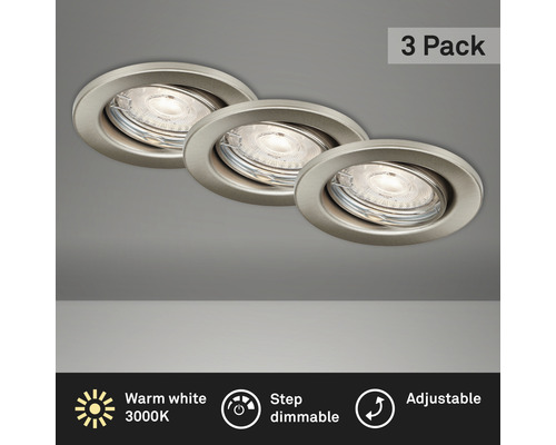 LED zápustné osvětlení Briloner IP23 GU10 3x5 W 460 W 3000 K matný chrom set Tři vestavné bodovky, teplé bílé, stupňovitě stmívatelné a nastavitelné, v balení po třech