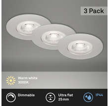 Tři vestavná svítidla, stmívatelná, teplé bílé světlo s 3000 Kelviny, ultra ploché, 25 milimetrů, stupeň krytí IP44
