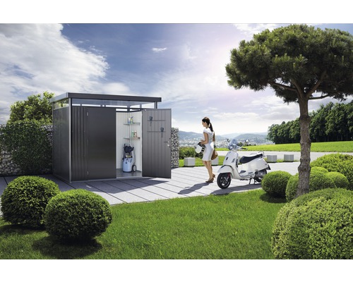 Plechový zahradní domek Biohort HighLine H2 dvoukřídlé dveře 254 x 174 cm stříbrný metalický