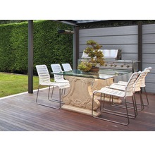 Venkovní posezení se zahradním stolem se skleněnou deskou, zahradními židlemi, grilem a bonsají