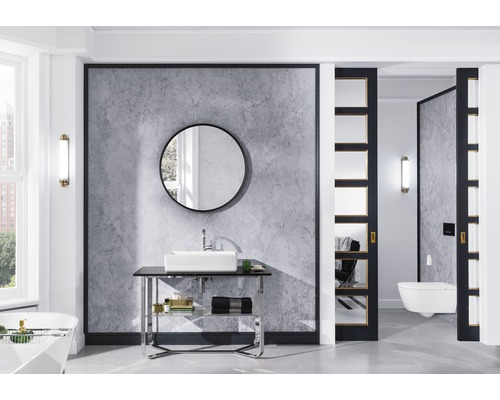 Moderní koupelna s umyvadlem, zrcadlem a posuvnými dveřmi