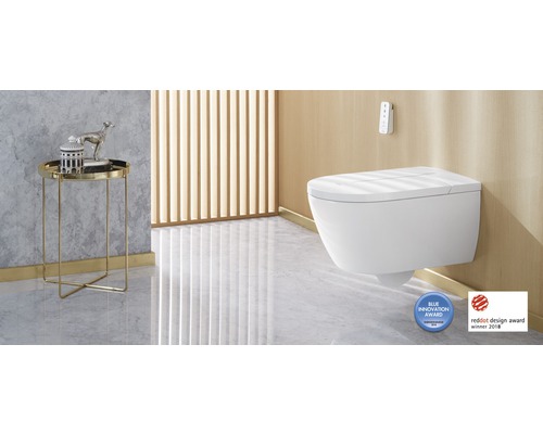 Moderní koupelna s nástěnným sprchovacím záchodem a odkládacím stolkem