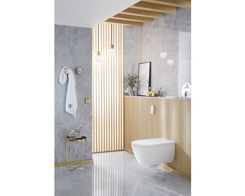 Moderní koupelna s nástěnnou toaletou, ručníkem a dekorativními prvky