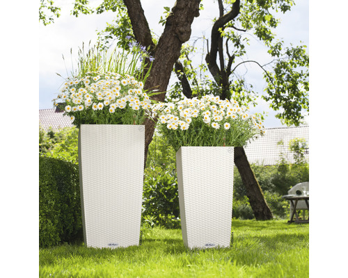 Dva vysoké květináče s proutěnou strukturou a osázením na zahradě.