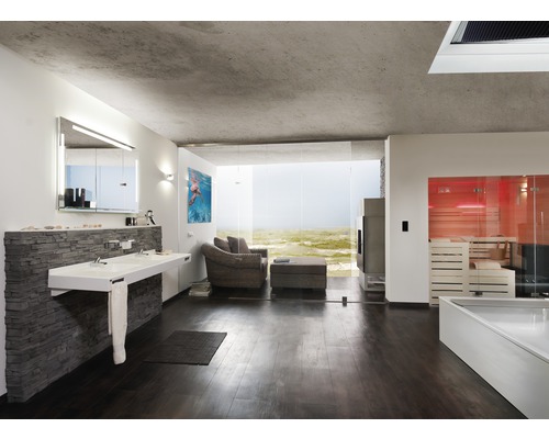 Koupelna s dvojitým umyvadlem, posezením, krbem a saunou