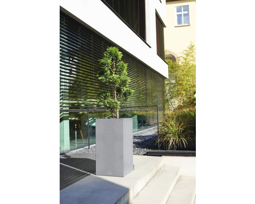 Šedý květináč s rostlinou na venkovním schodišti před budovou.