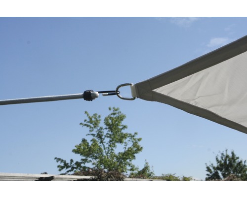 Detailní pohled na sluneční plachtu s upevňovacími prvky a napínacím lanem
