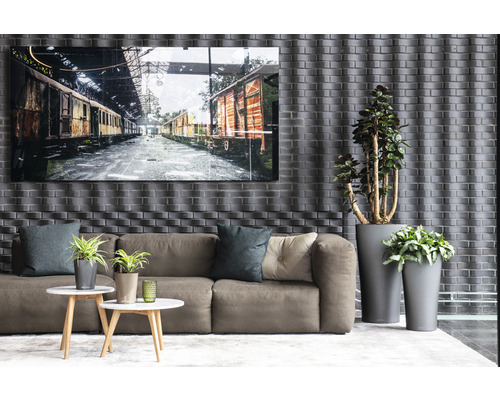 Obývací pokoj s pohovkou, konferenčními stolky, hrnkovými rostlinami a zarámovaným obrázkem vlakových vozů