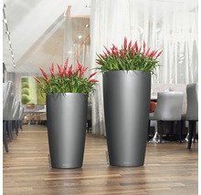 Dva vysoké květináče s rostlinami na dřevěné podlaze.