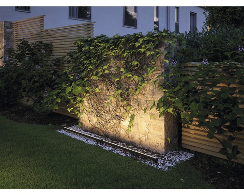 Osvětlená zahradní zeď s porostem a trávníkem.