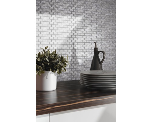 Kuchyňská scéna s obklady s cihlovým vzhledem, rostlinou, talíři a lahví oleje na tmavé pracovní desce.