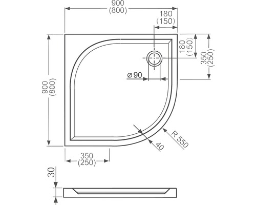 Technický nákres sprchové vaničky s rozměry