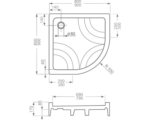 Technický výkres sprchové vaničky s rozměry