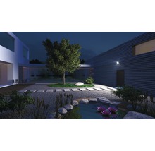 Osvětlená zahrada s rybníkem, kameny, rostlinami a moderním domem v noci.